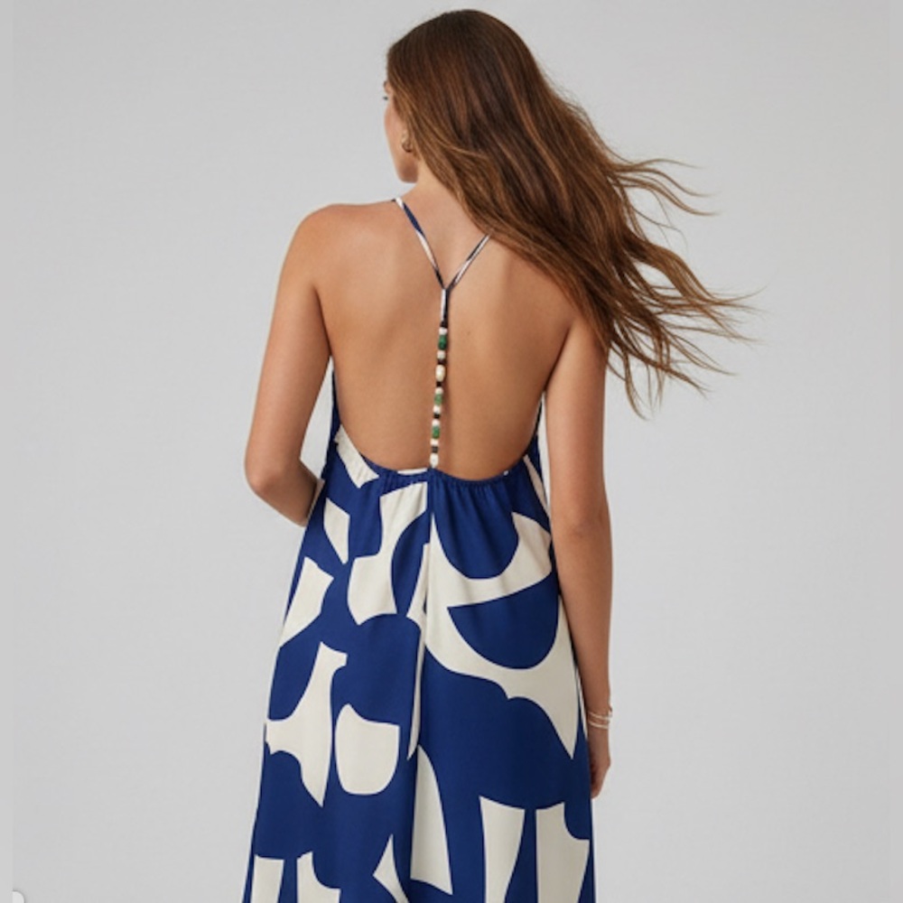 Navy Blue & White Abstract Geometric Maxi Dress | Open Back Beaded Strap